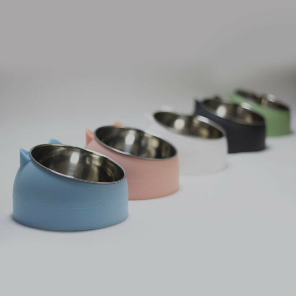 Pet Dog Cat Feeder Bowl Food Drink Water Dish Stainless Steel 15 Degree Tilted