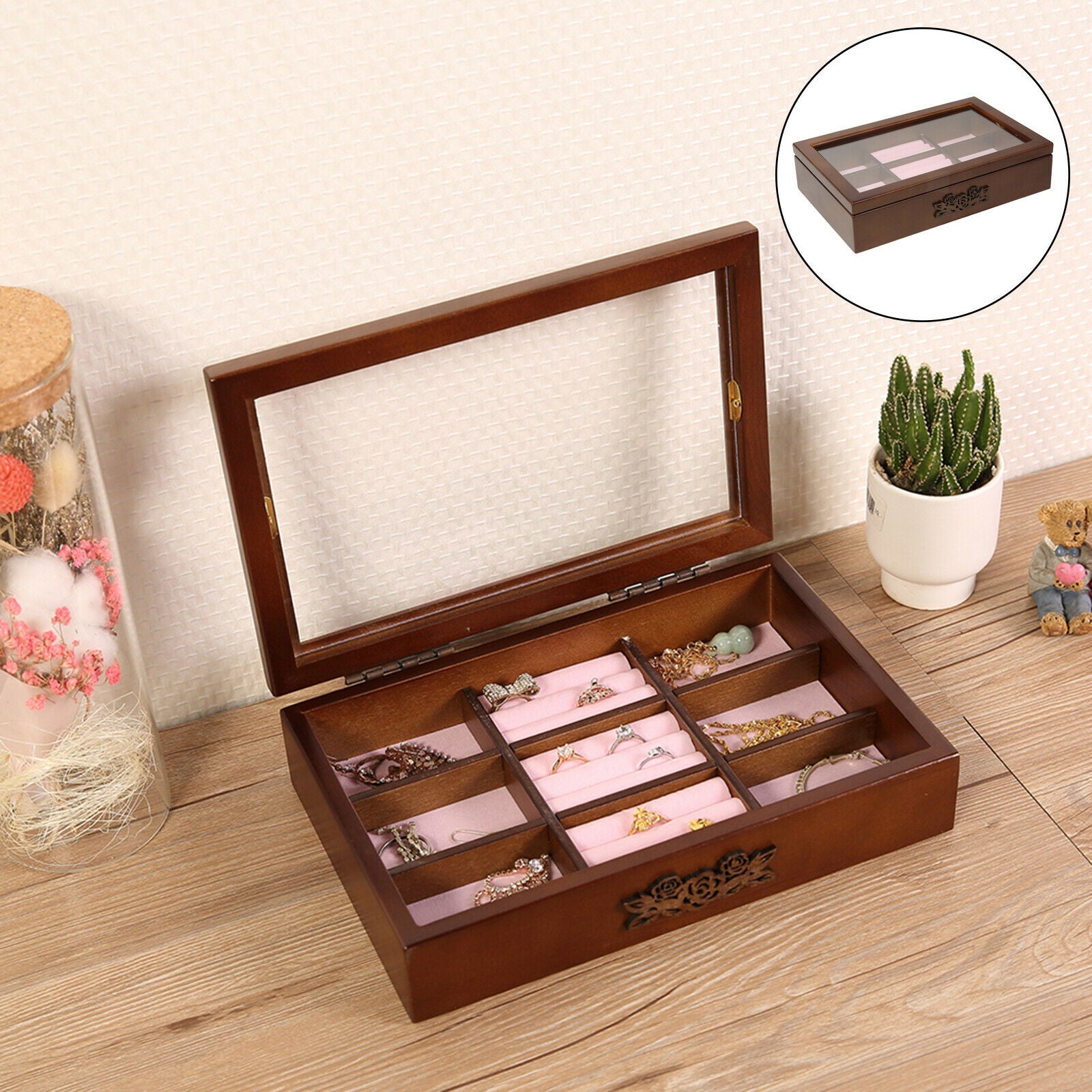 Wooden Jewelry Storage Box Watch Earring Bracelet Display Organizer Case
