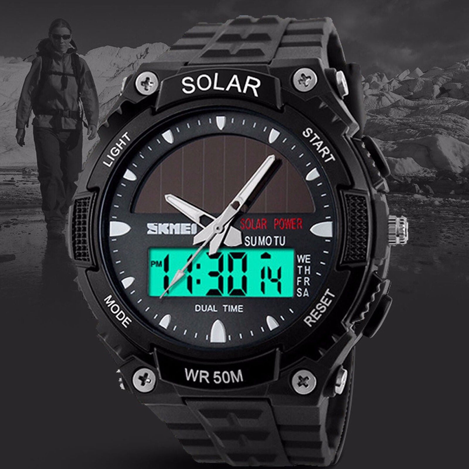 Men Solar Power Sport Dual Time LED Digital Waterproof Analog Quartz Watch New
