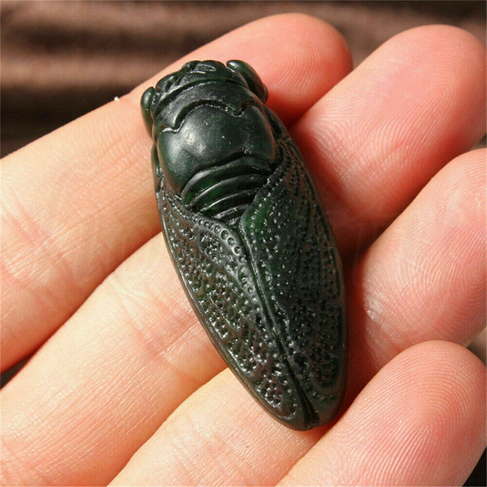 New Obsidian Natural Black Green Jade Hand Carved Cicada Good Luck Necklace CA