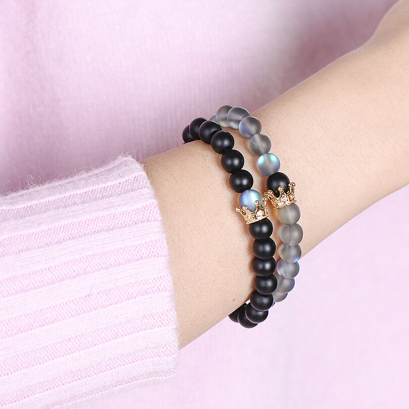 Luxury Couple His And Hers Distance Bracelets Moonstone Beads CZ Crown Lovers