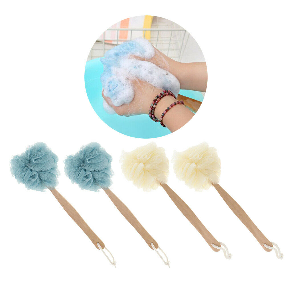 4x Long Handle Shower Body Brush Sponge Scrunchie Back Scrubber Exfoliator