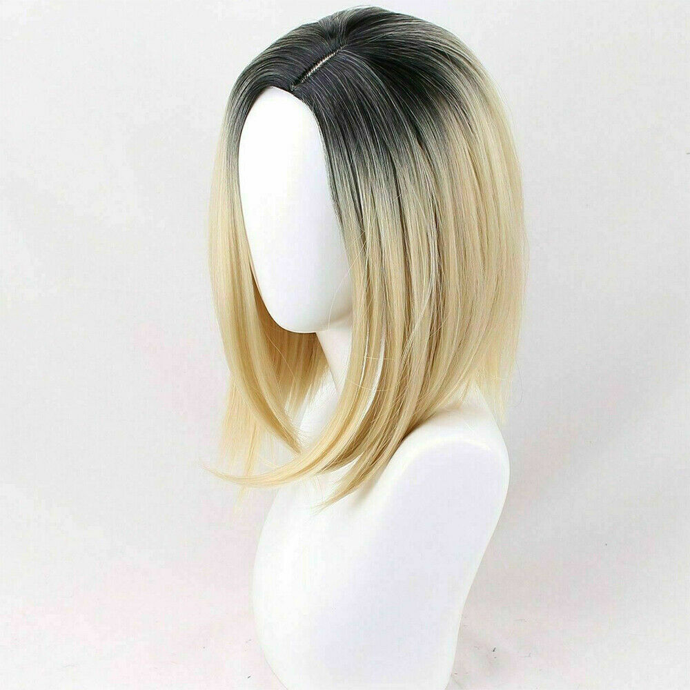 Short Straight Ombre Blonde Bob Dark Roots Women's Lady Hair Wig Full Wigs + Cap