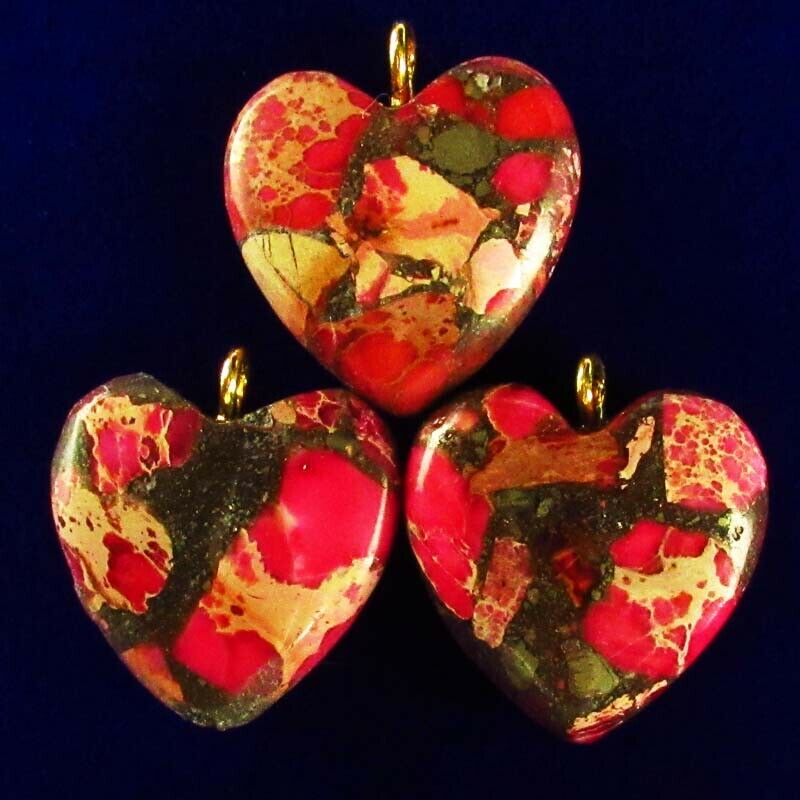 3Pcs Red Man-made Sea Sediment Jasper & Pyrite Heart Pendant 22x20x7mm DHS185