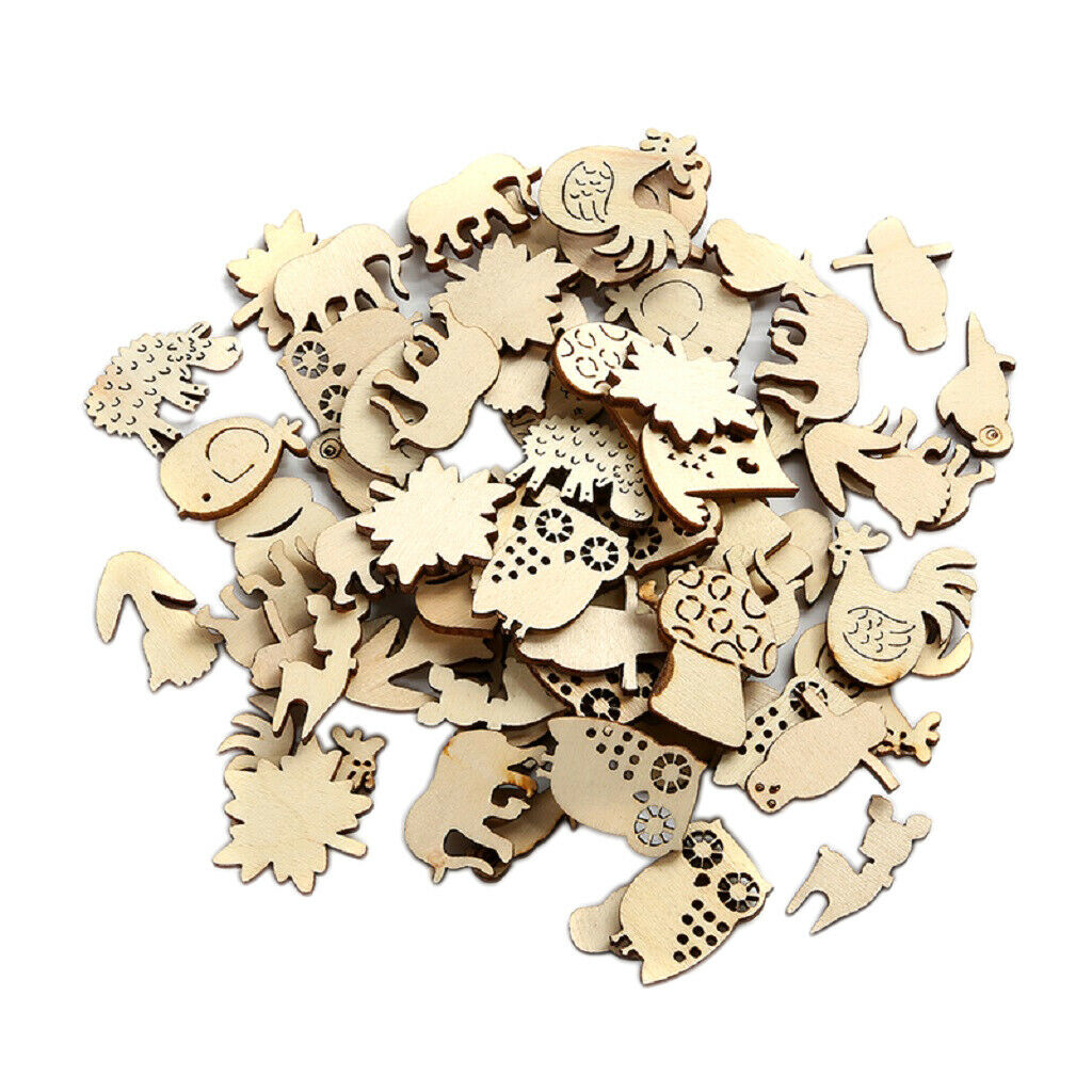 50 Pack Natural Wooden Embellishment Mixed Animals Wood Shapes Craft Pieces for