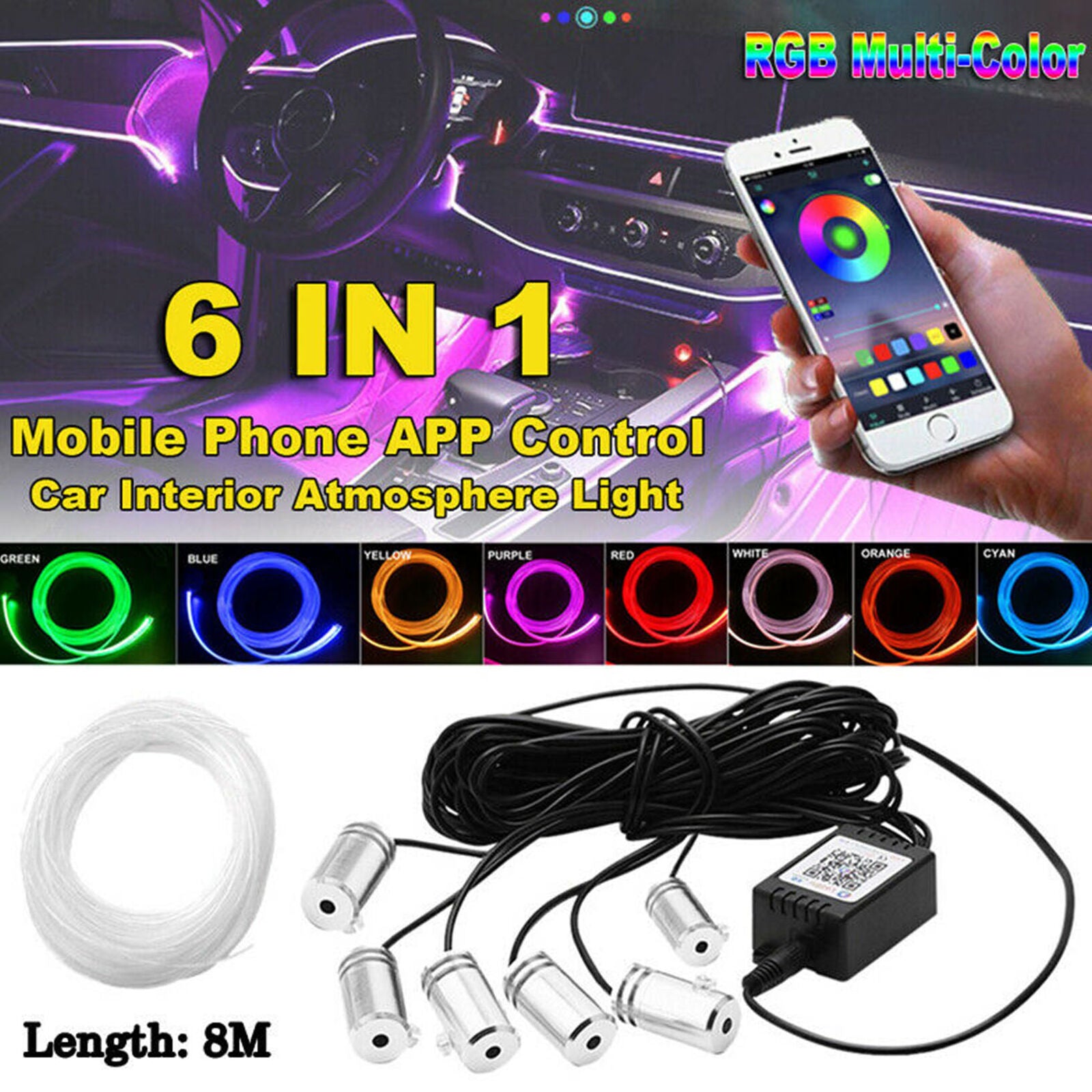 6in1 8M RGB LED Car Interior Fiber Optic Neon EL Wire Strip Light Atmosphere APP