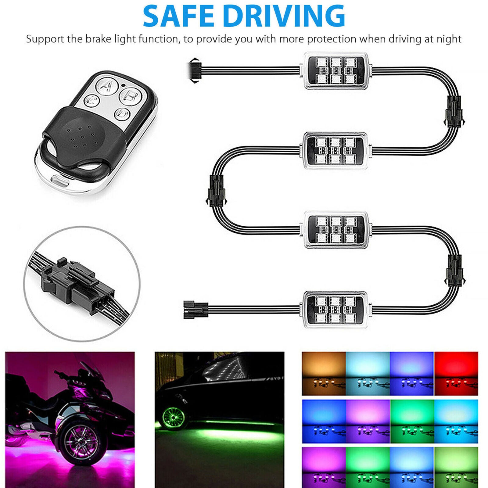 6pcs RGB LED Neon Car Under Glow Light Strip Kit Atmosphere Light Motorcycle ATV