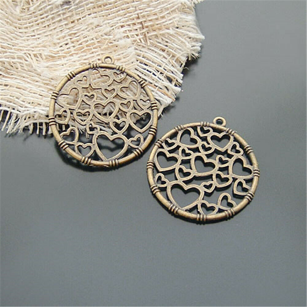 Lot of (x20) Antiqued Bronze Alloy Round Frame Hollowed Heart Pendant 32mm