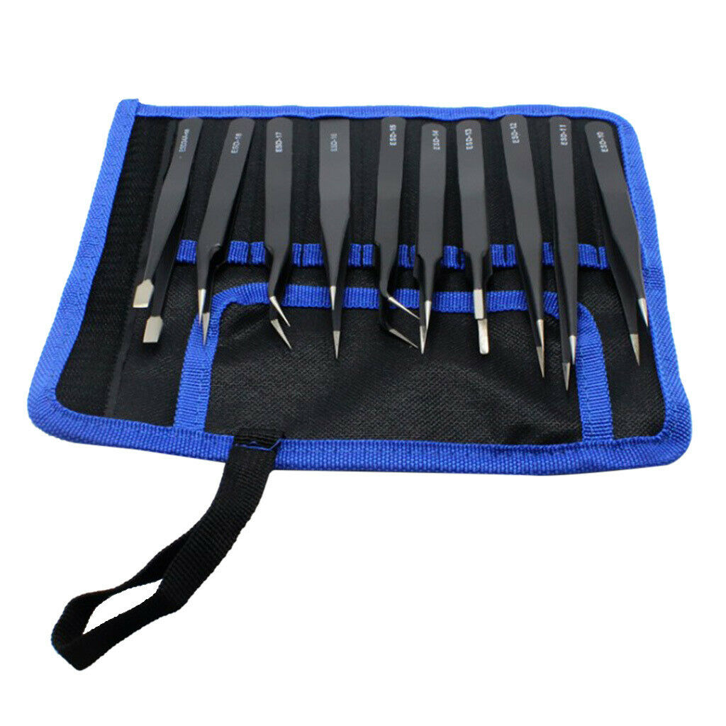 10 in 1 ESD Anti-static Tweezers Set Maintenance Repair Tools Kit with Bag