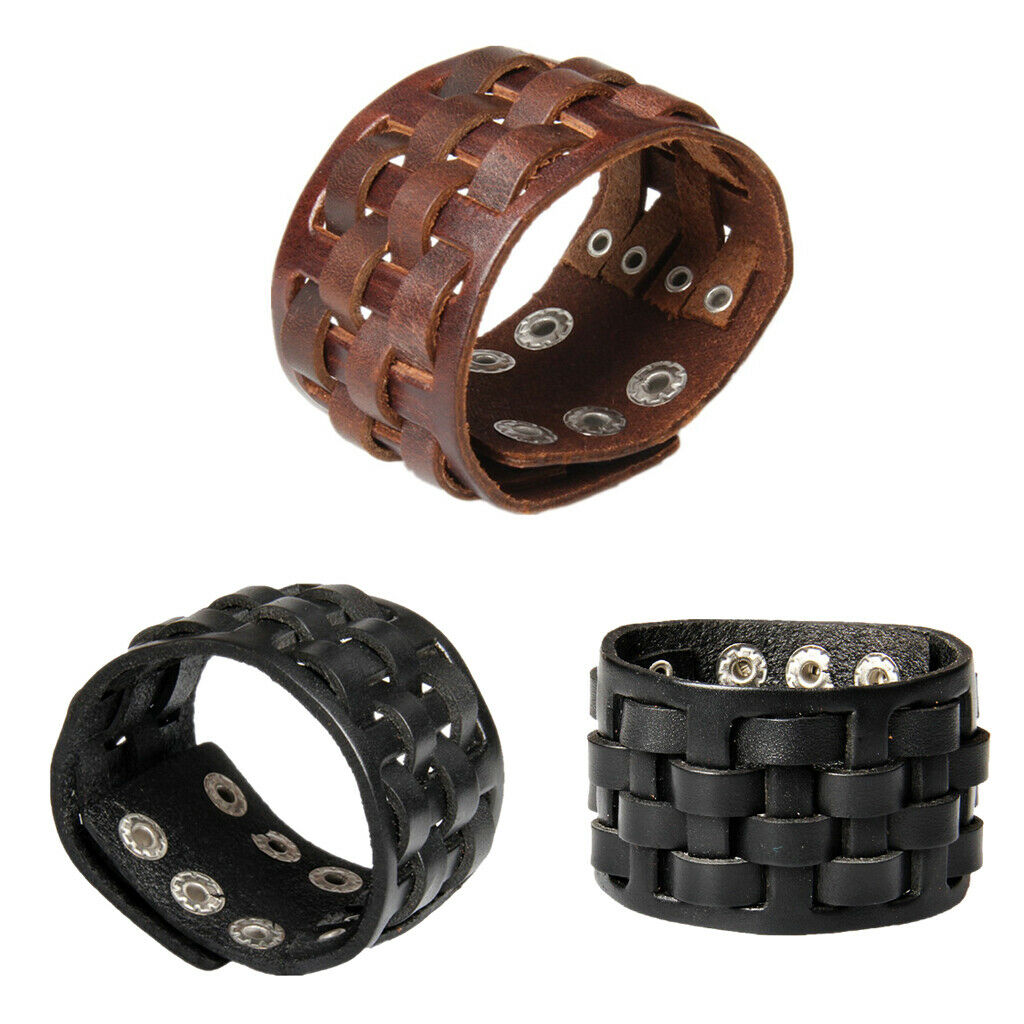 Punk Unisex Men PU Leather Bracelet Cuff Braided Wide Wristband Bangle Black