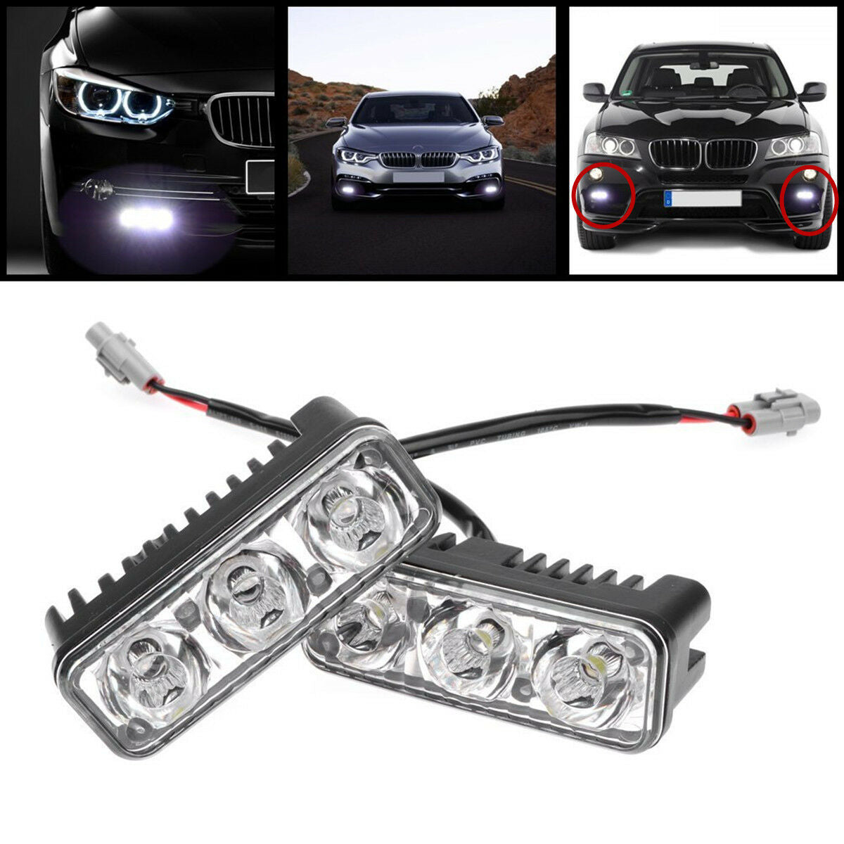 2x 3LED White Car Truck Daytime Running Light Fog Lamp with Mounting Bracket DRL