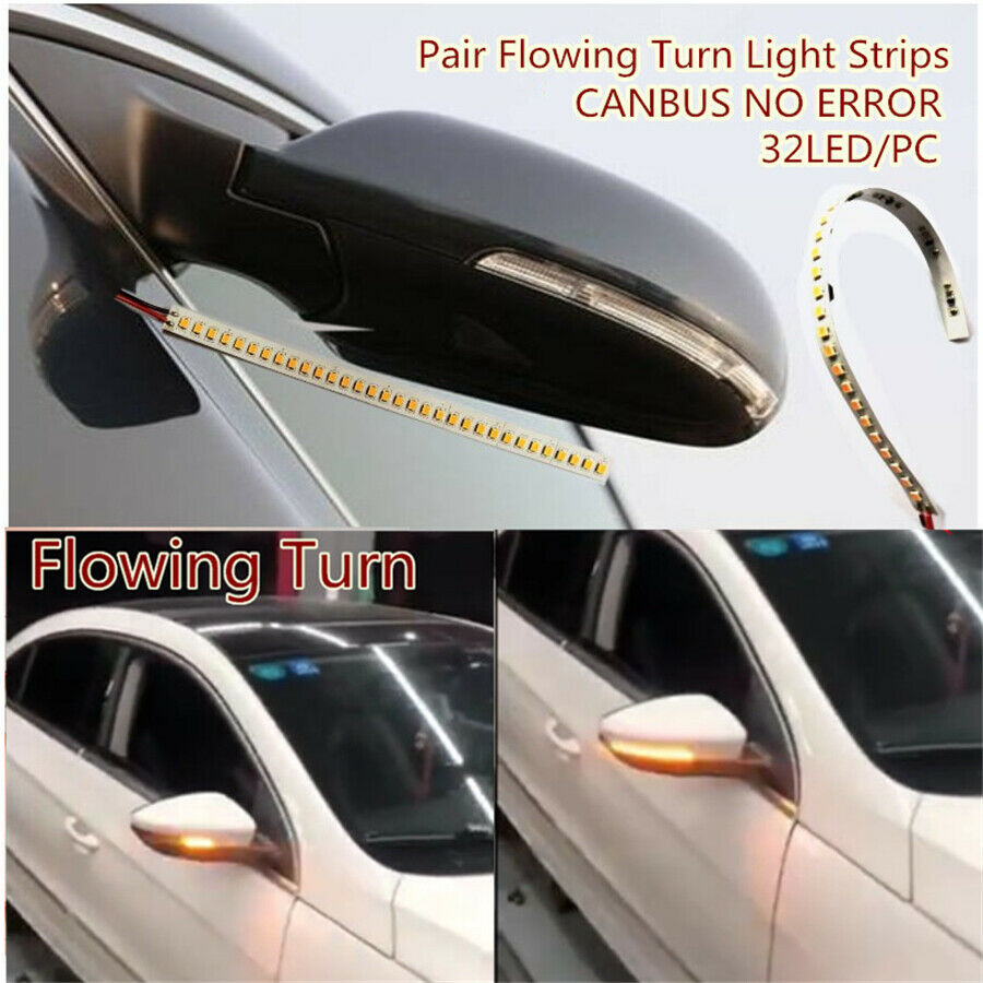 Pair 32 LED Amber 12V Car Rear Mirrors Flexible Flowing Turn Signal Light Strip