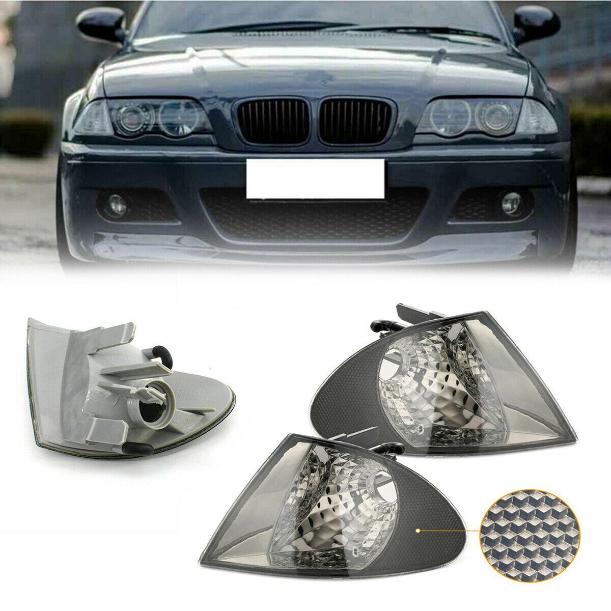 2 × Grey Shell Turn Signal Corner Lights Cover For BMW 3 Series E46 4 Door 99-01
