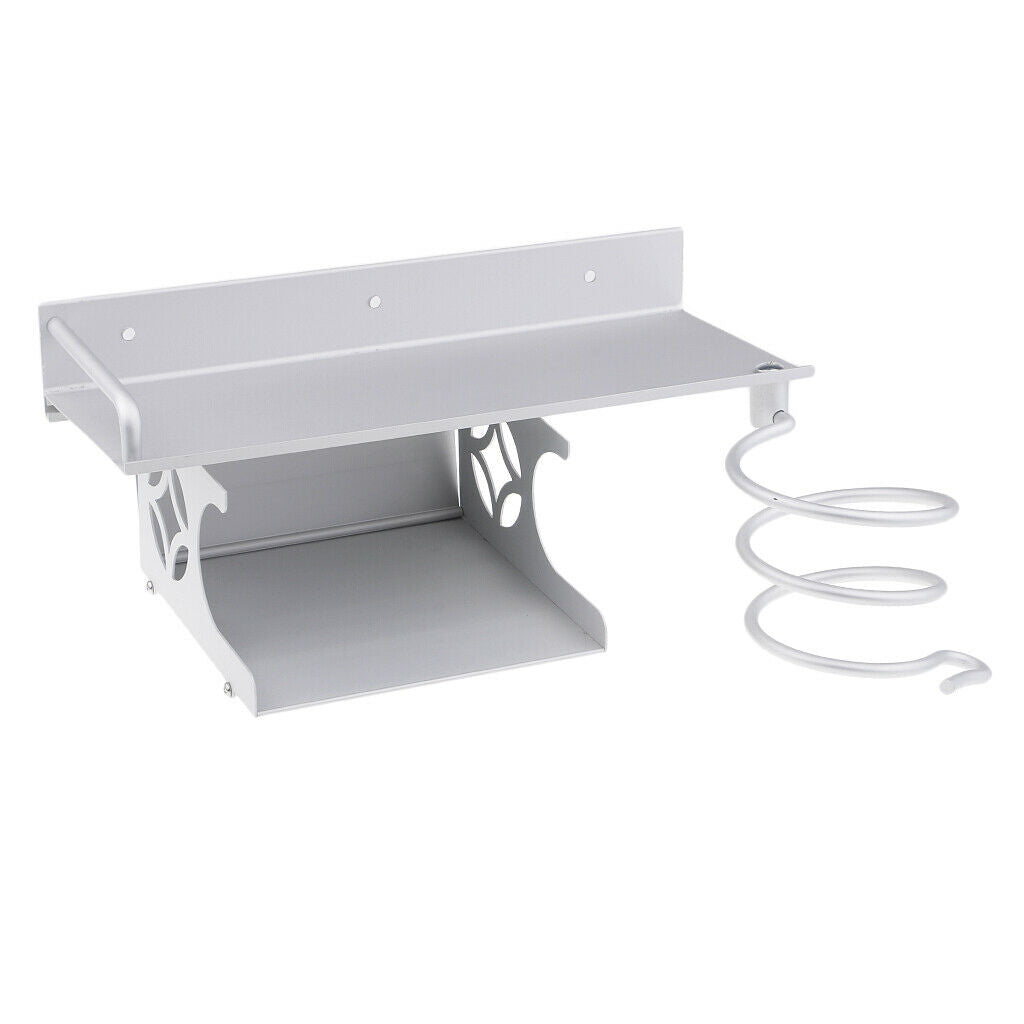 2 Layer Wall Hair Dryer Rack Space Aluminum Bathroom Makeup Organizer Shelf