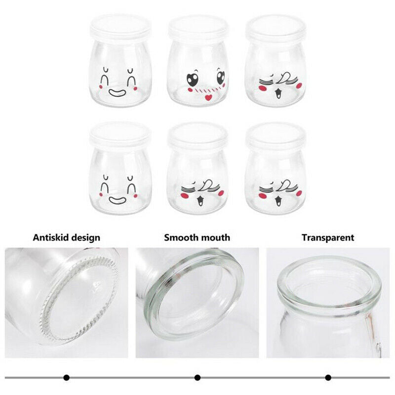 6PCS Pudding Bottles Cute Face Heat-resistant Glass Jelly Yogurt Jar Contain KX