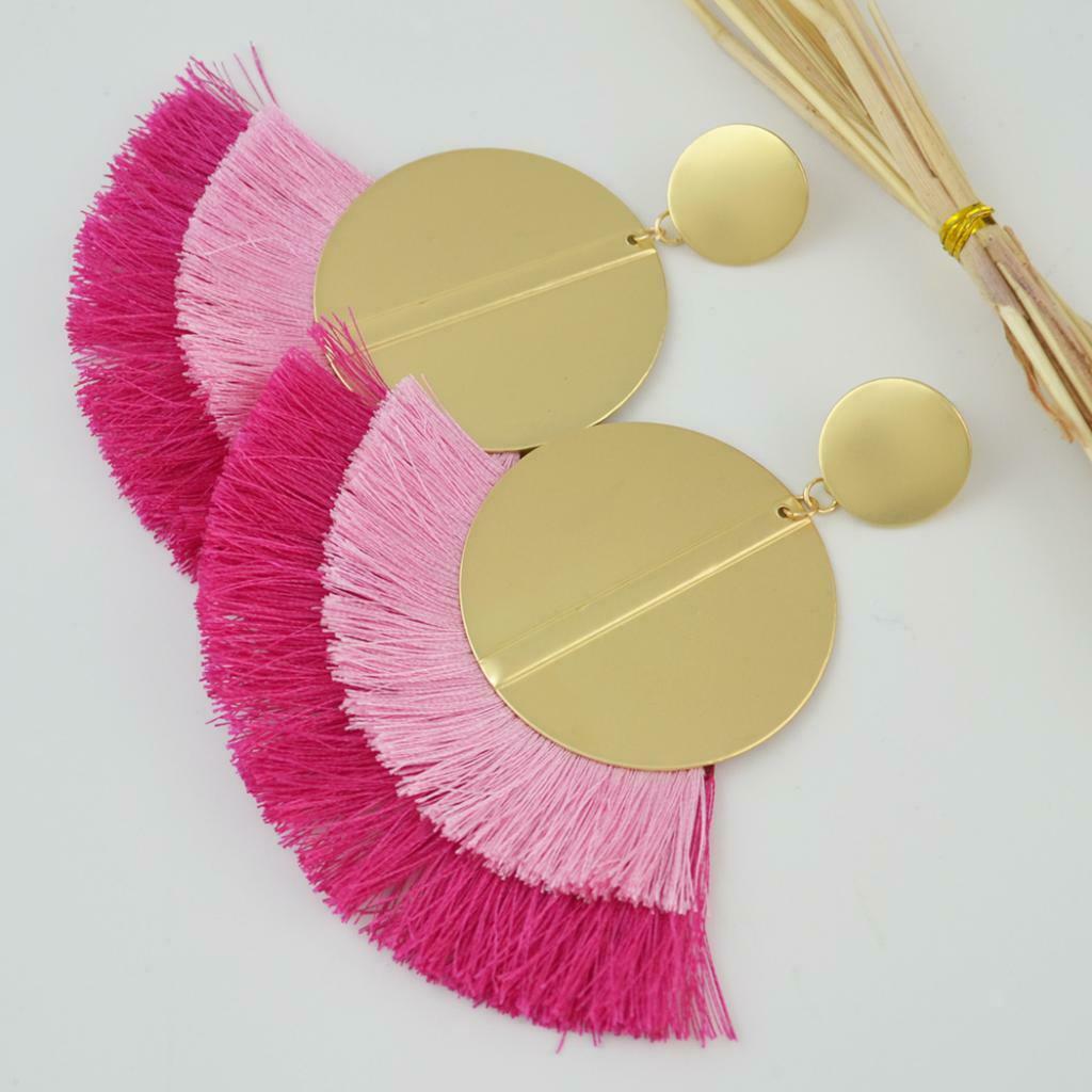 Cotton Tassel Thread Dangle Sequins Disc Earrings Boho Ethnic Earring Pink
