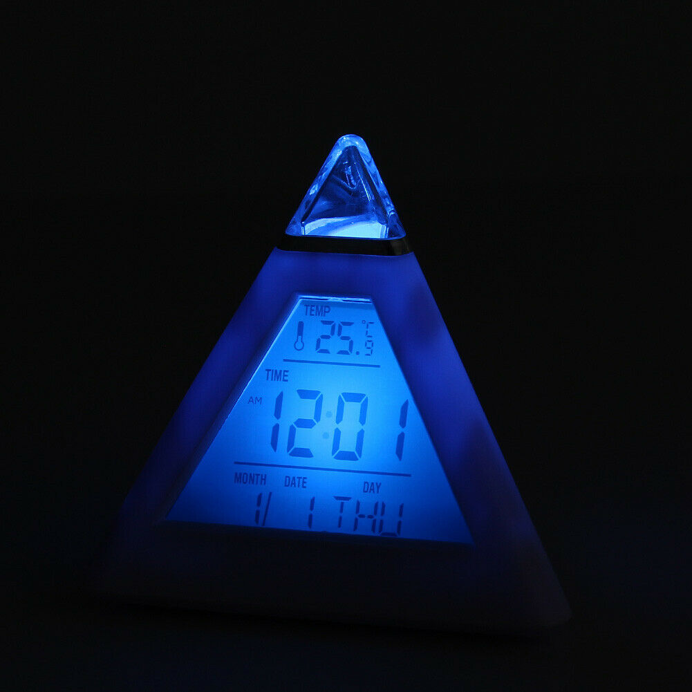 New 7 LED Color Pyramid Digital LCD Alarm Clock Thermometer @