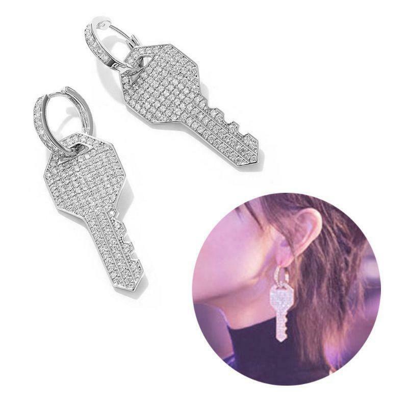 Shiny Full Rhinestone Crystal Key Charm Dangle  Hoop Earrings Women Girlfriend