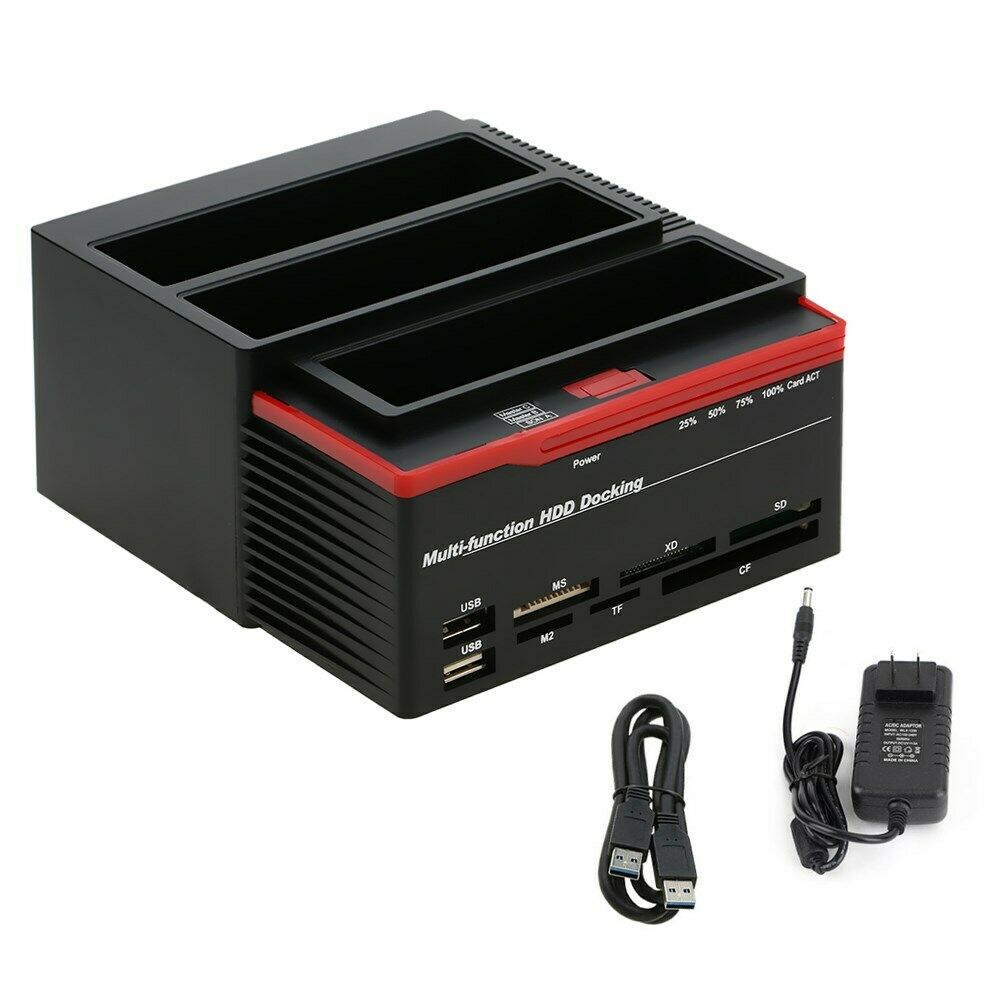 3 HDD Docking Station IDE SATA Dual USB 3.0 Clone Hard Drive Card Reader US