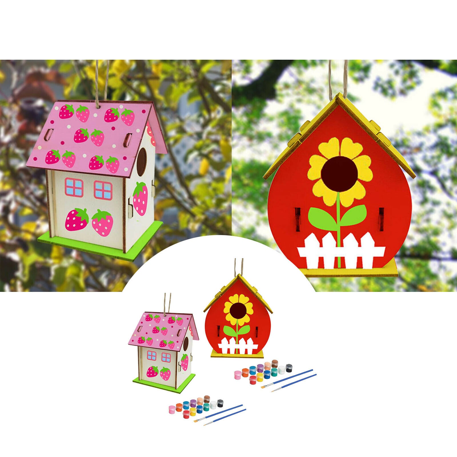 2Pieces DIY Bird House Children Hand Unpainted Build Paint Wooden Birdhouse