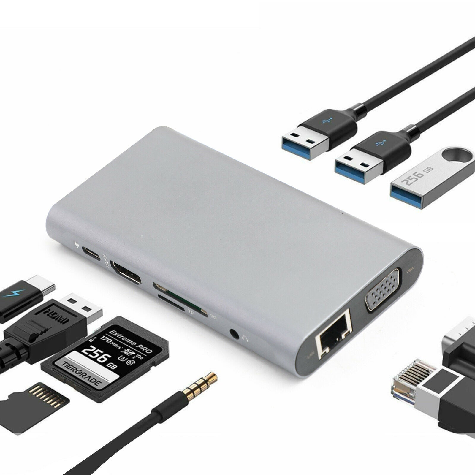 10-in-1 Multi-function USB3.0 Hub Adapter USB Type C Docking 4K HDM VGA RJ45 CA