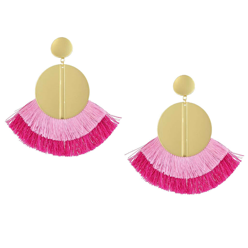 Cotton Tassel Thread Dangle Sequins Disc Earrings Boho Ethnic Earring Pink