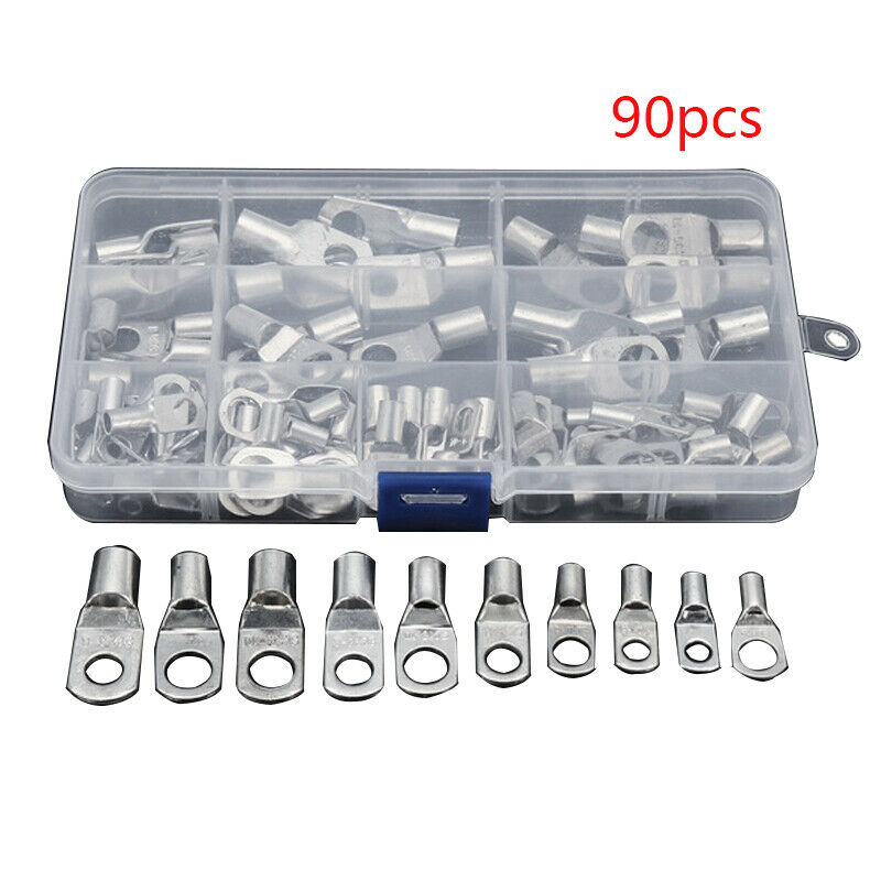 90PCS Copper Tube Terminals Battery Welding Cable Lug Ring Crimp Connector Handy