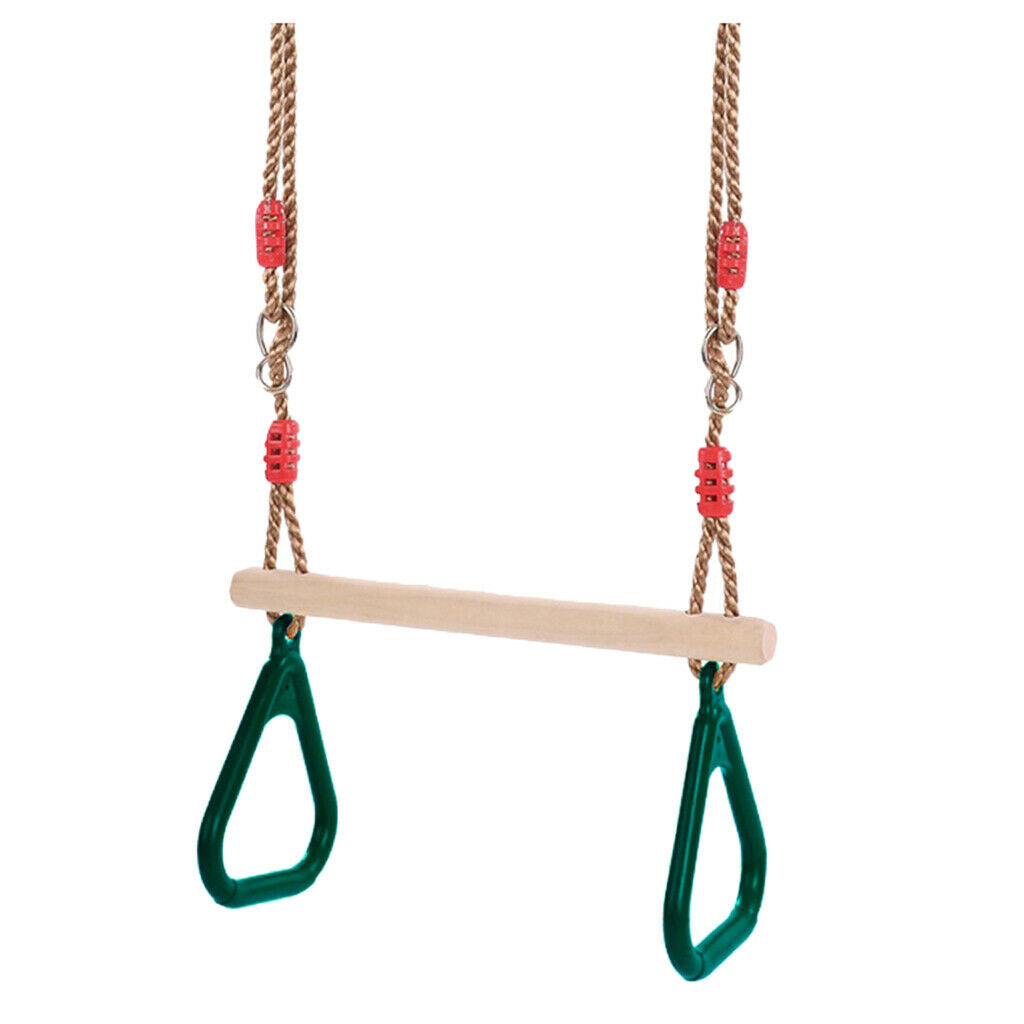 Children Playground Wooden Trapeze Swing with Triangular Gym Rings Fun Green