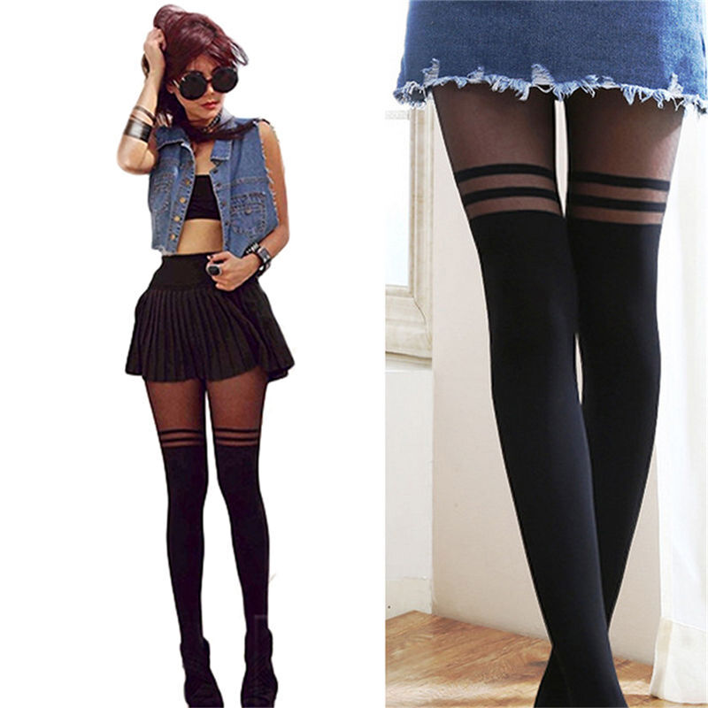 Sexy Women Black Top Temptation Sheer Mock Suspender Tights Pantyhose Stockings