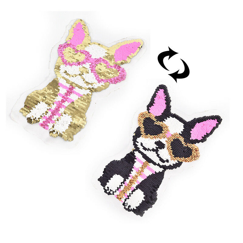 dog wearing heart glasses reversible change color sequins sew on patche.l8