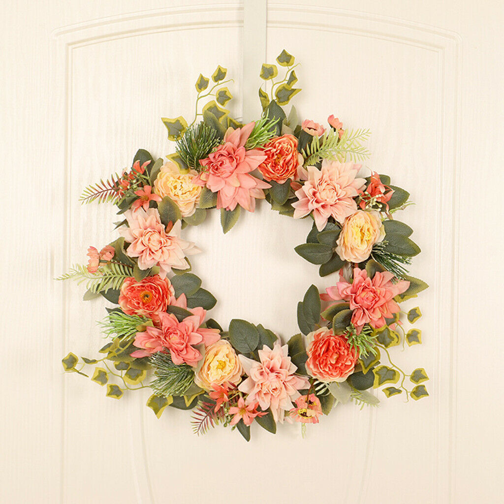 Artificial Flower Wreath Dahlia Floral Eucalyptus Garland Front Door Decor
