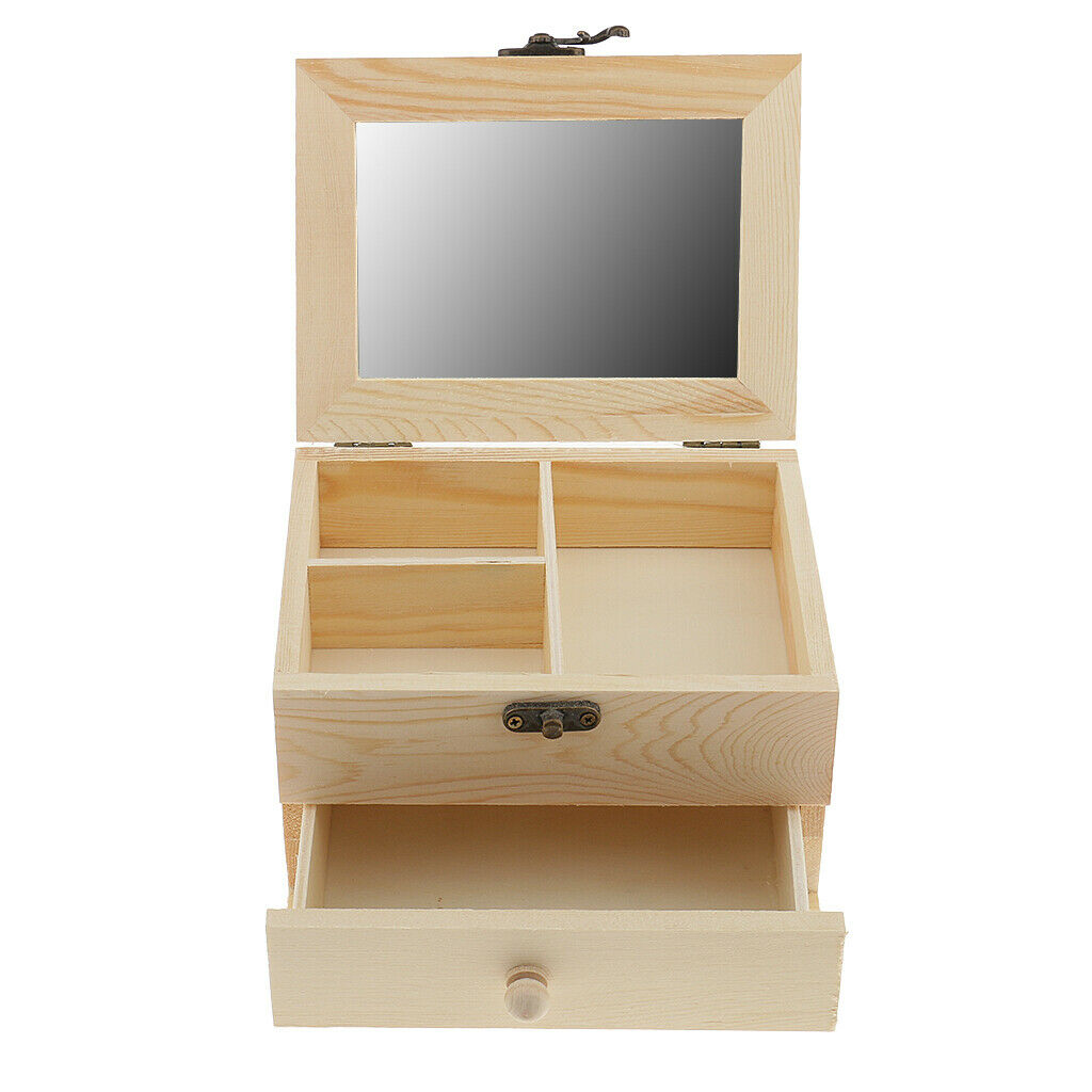 2 Tiers Plain Unpainted Wooden Jewelry Box Organizer Storage Container