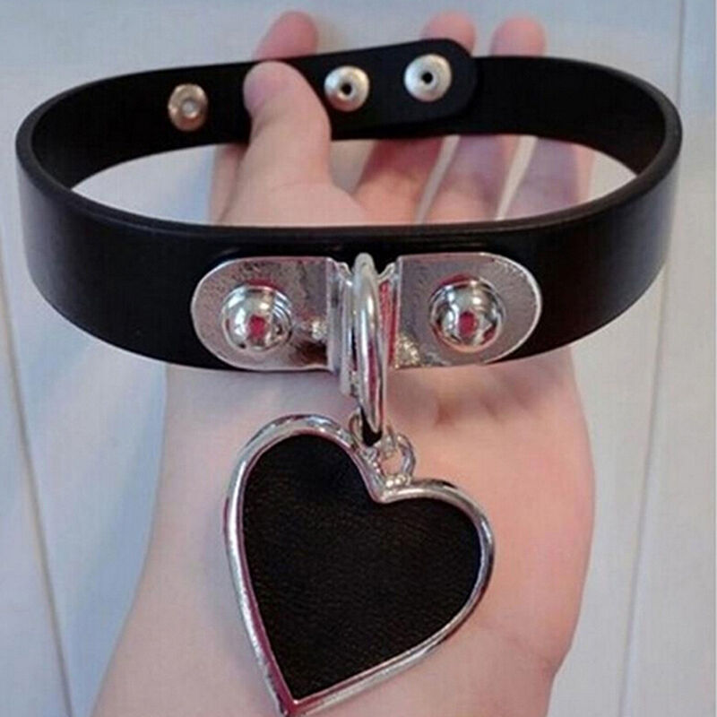 Women Stylish Punk Goth Leather Rivet Heart Ring Collar Choker Funky NecklacH Pb