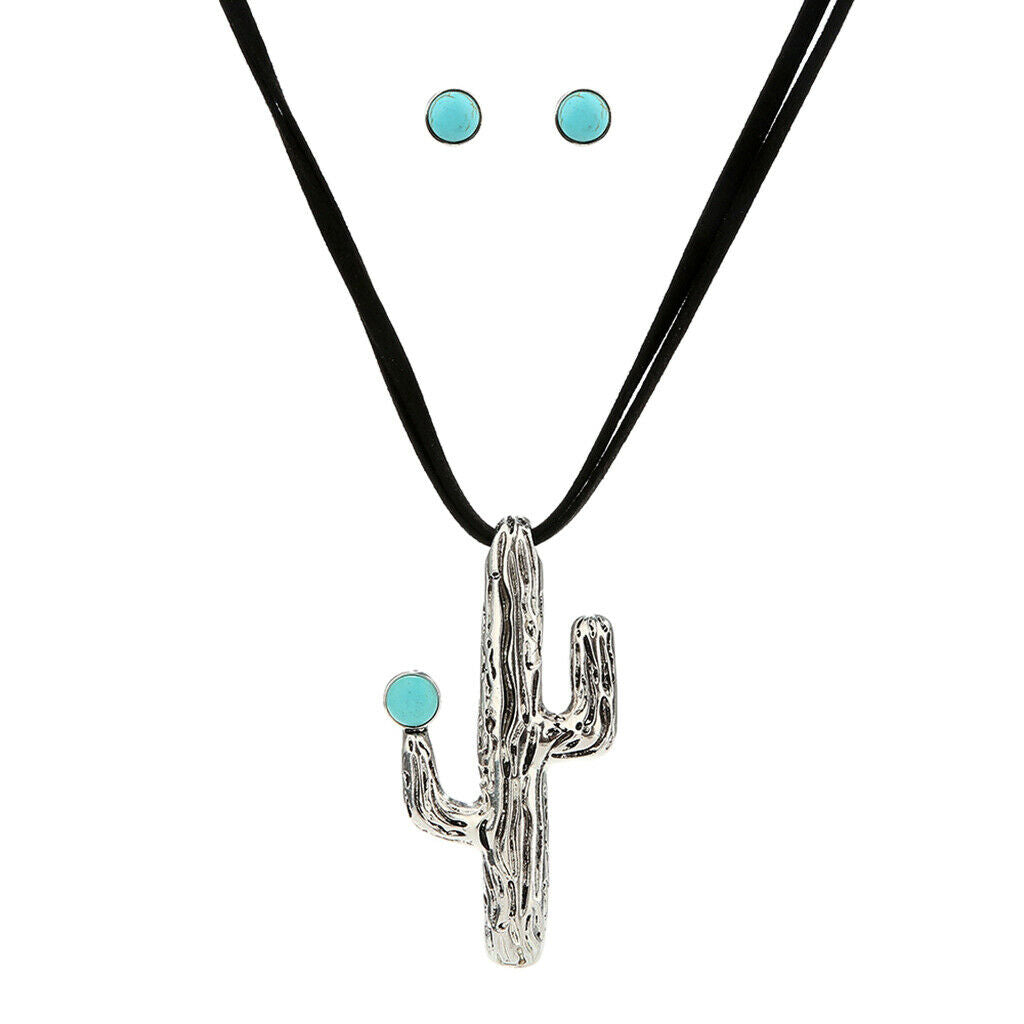 Bohemian Cactus Sweater Necklace Chain with 1 Pair Turquoise Earring Stud