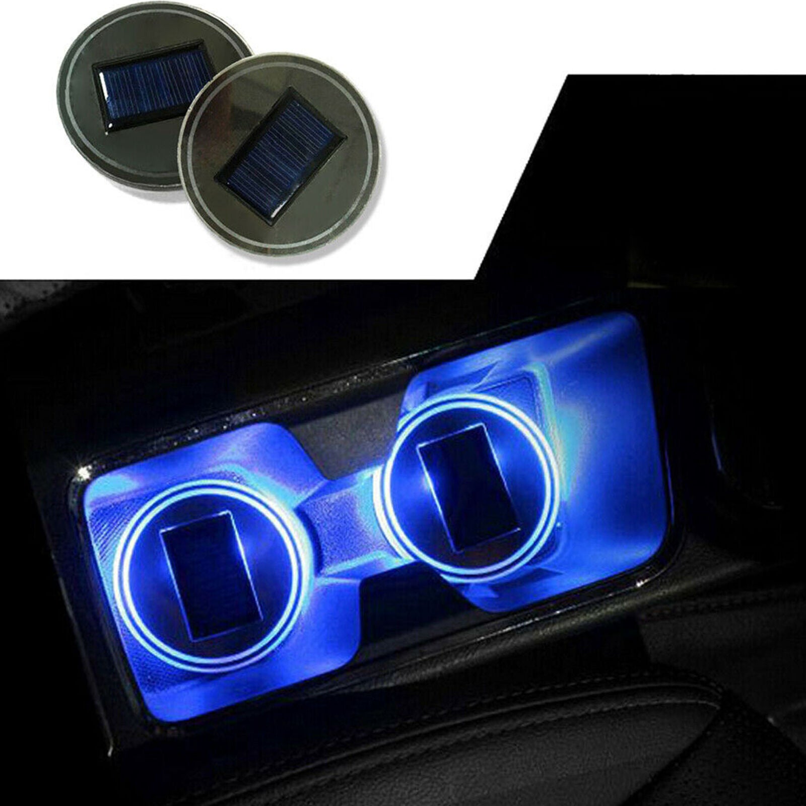 2PC LED Solar Cup Pad Car Accessories Light Cover Interior Decoration Lights