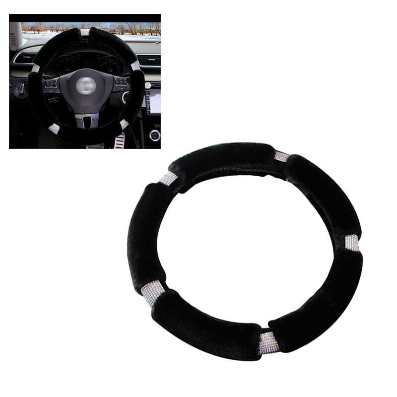 Black 38CM Car SUV Steering Wheel Cover Winter Fur Wool Furry Fluffy Thick Warm