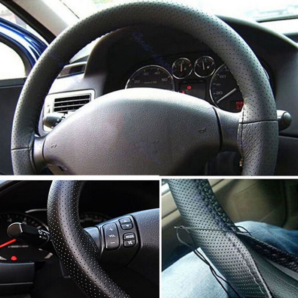 Car Truck Leather Steering Wheel Cover With Needles and Thread Black DI.l8