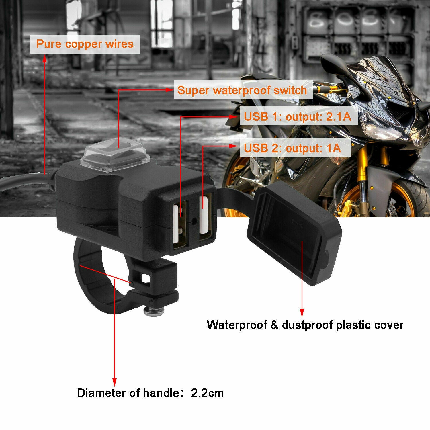 Dual USB Waterproof Motorcycle Charger Adapter Power Supply Socket for Phone