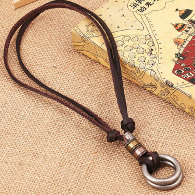 Men's Retro Leather LUS Cord Necklace Double Circle Ring Pendant Fashion Jewelry