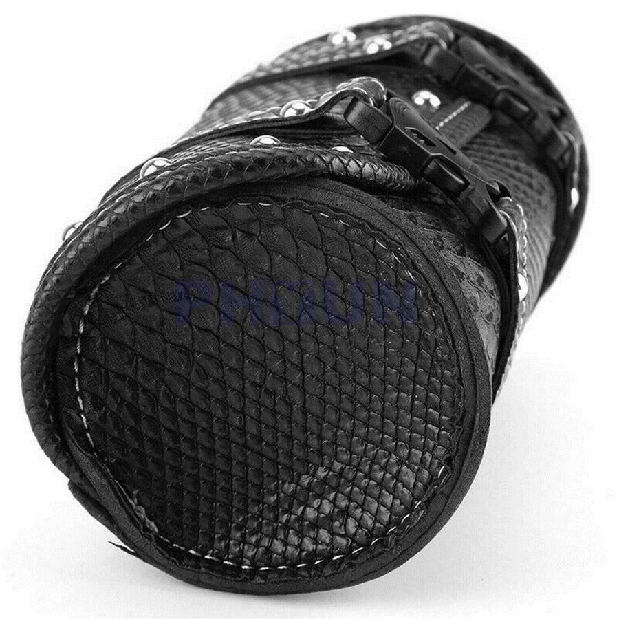 1pc Black PU Leather Motorcycle Saddle Fork Roll Barrel Tool Bag Weatherproof
