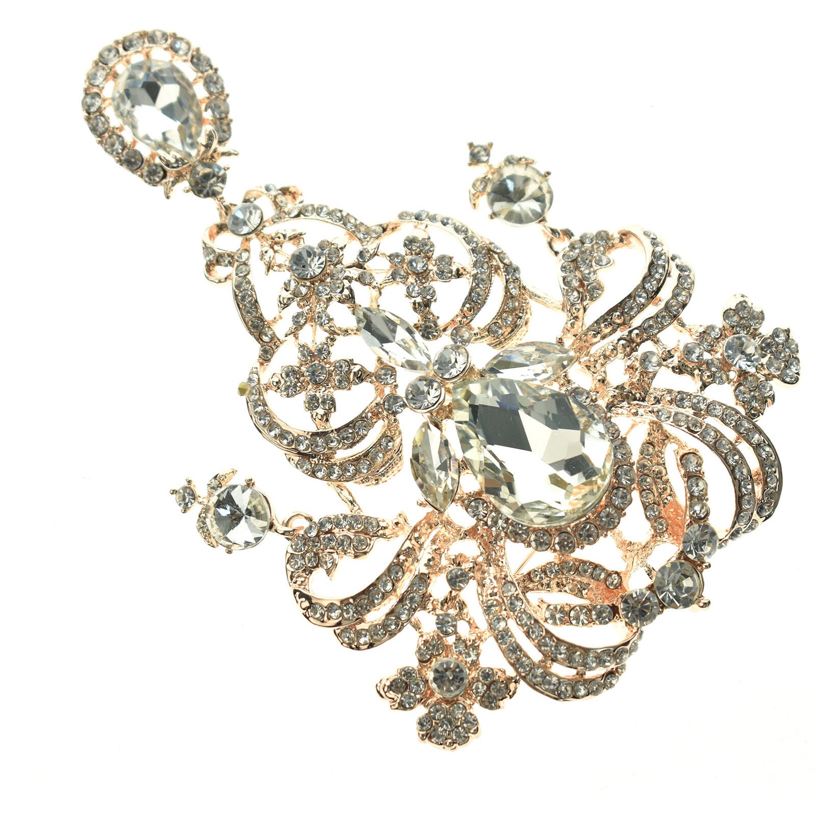 Fashion Style Flower Drop Pendant Brooch Pin Clear Rhinestone Crystal