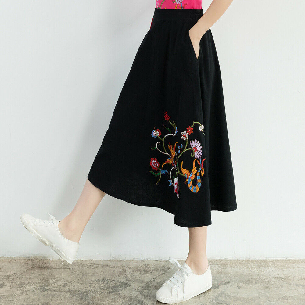 Lady Chinese Floral Embroidery Skirt Midi Ethnic Cotton Linen Hippie Retro