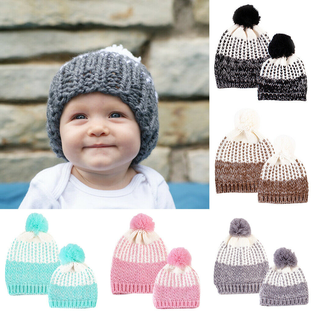 Winter Stylish Warm Novelty Mom Baby Knitted Pom Bobble Hat   Gray