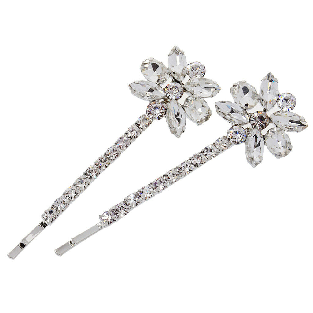 2Pcs Crystal Hair Clip Rhinestones Flower Hairpins Womens Hair Jewelry