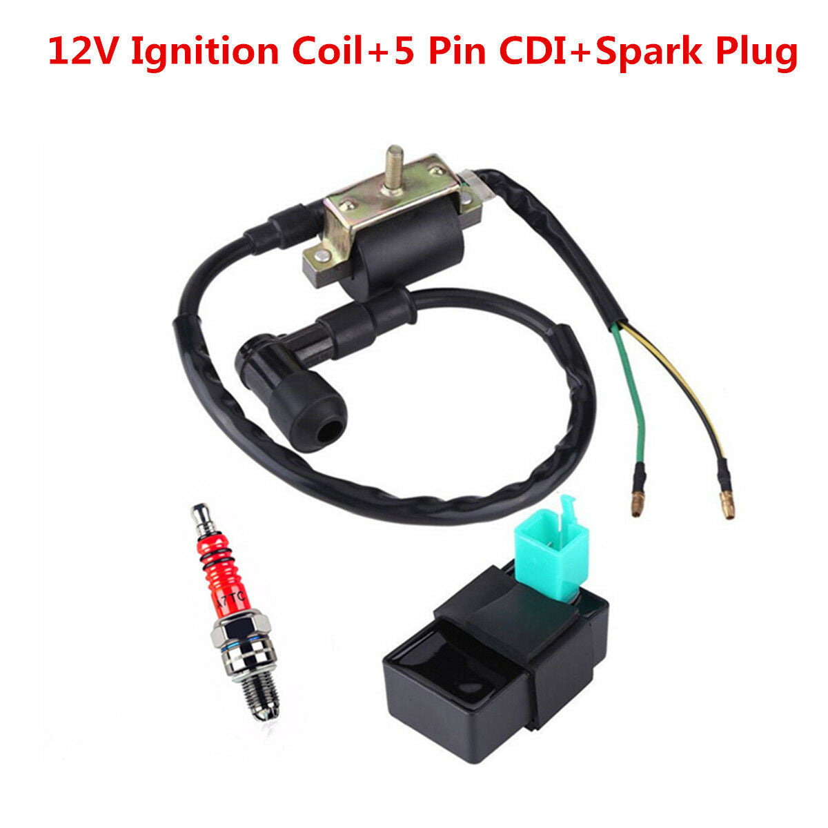 12V Ignition Coil+5 Pin CDI Box+Spark Plug For Chinese Scooter ATV Quad 50-125cc