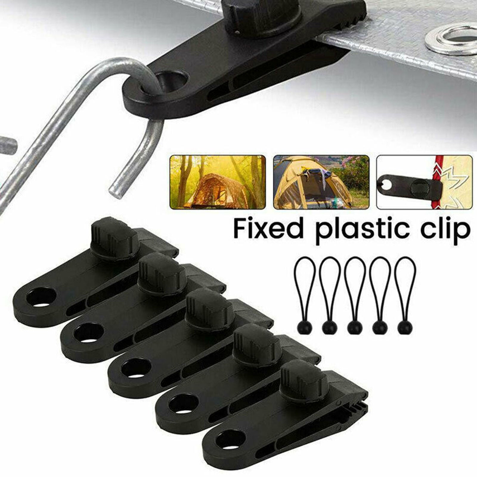 10Pcs Set 5 Reusable Tent Tarp Tarpaulin Clip Clamp Buckle 5 Bungee Cord Heavy