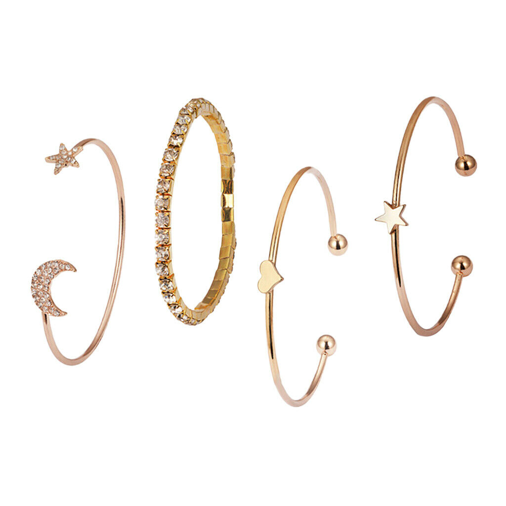 4Pcs Fashion Open Bracelets Delicate Star Moon Heart Rhinestone Bangle Set
