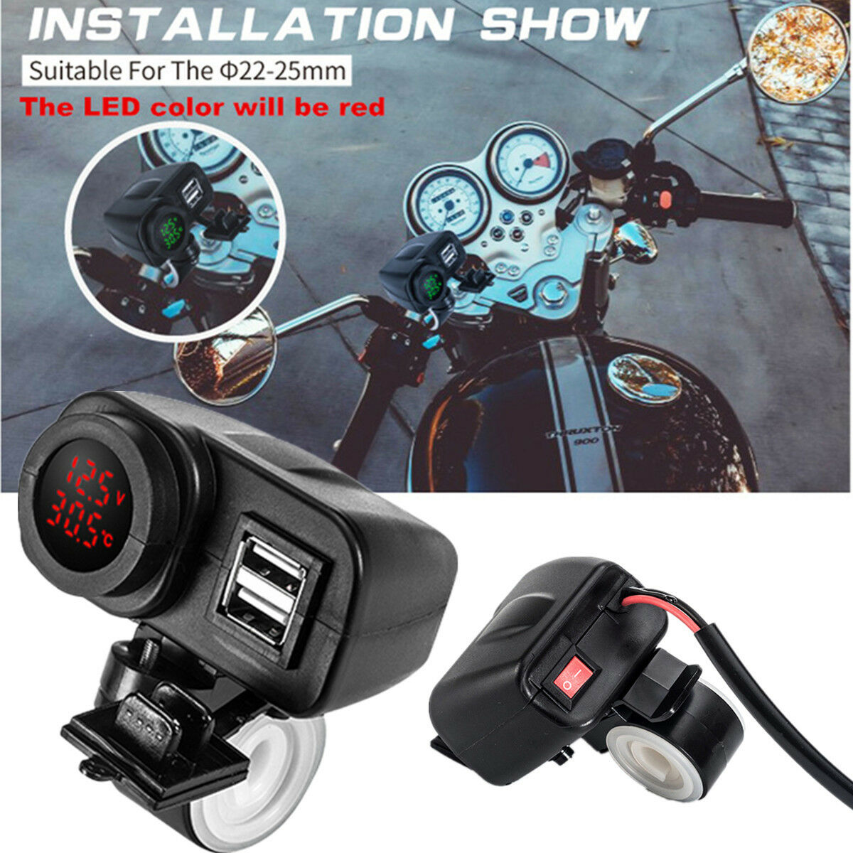 Waterproof 3 in 1 Red LED Digital Display USB Charger+Voltage Meter+ Thermometer