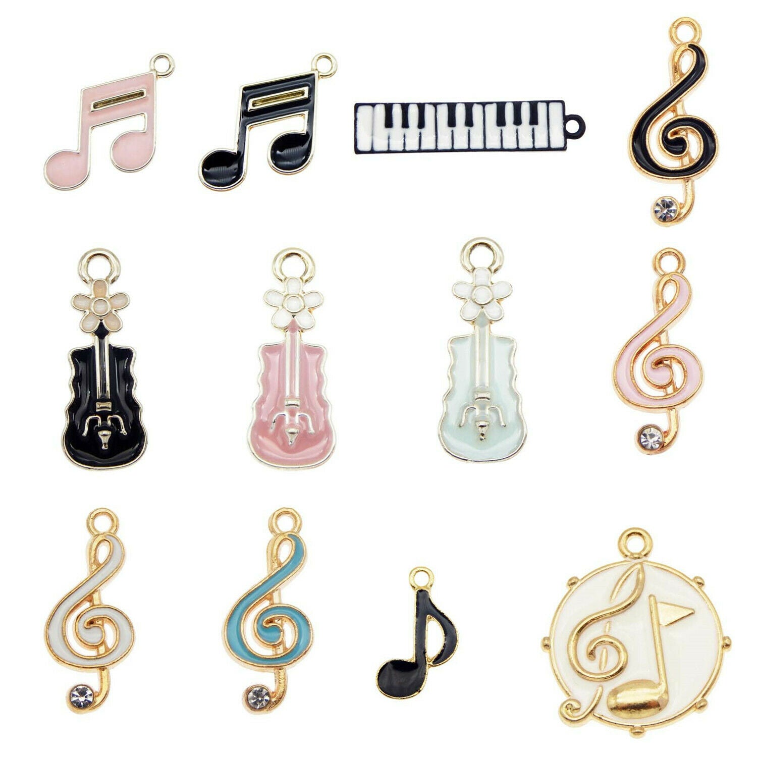 12PCS Enamel Assorted Musical Note Violin Pendant Charms for Bracelet Necklace