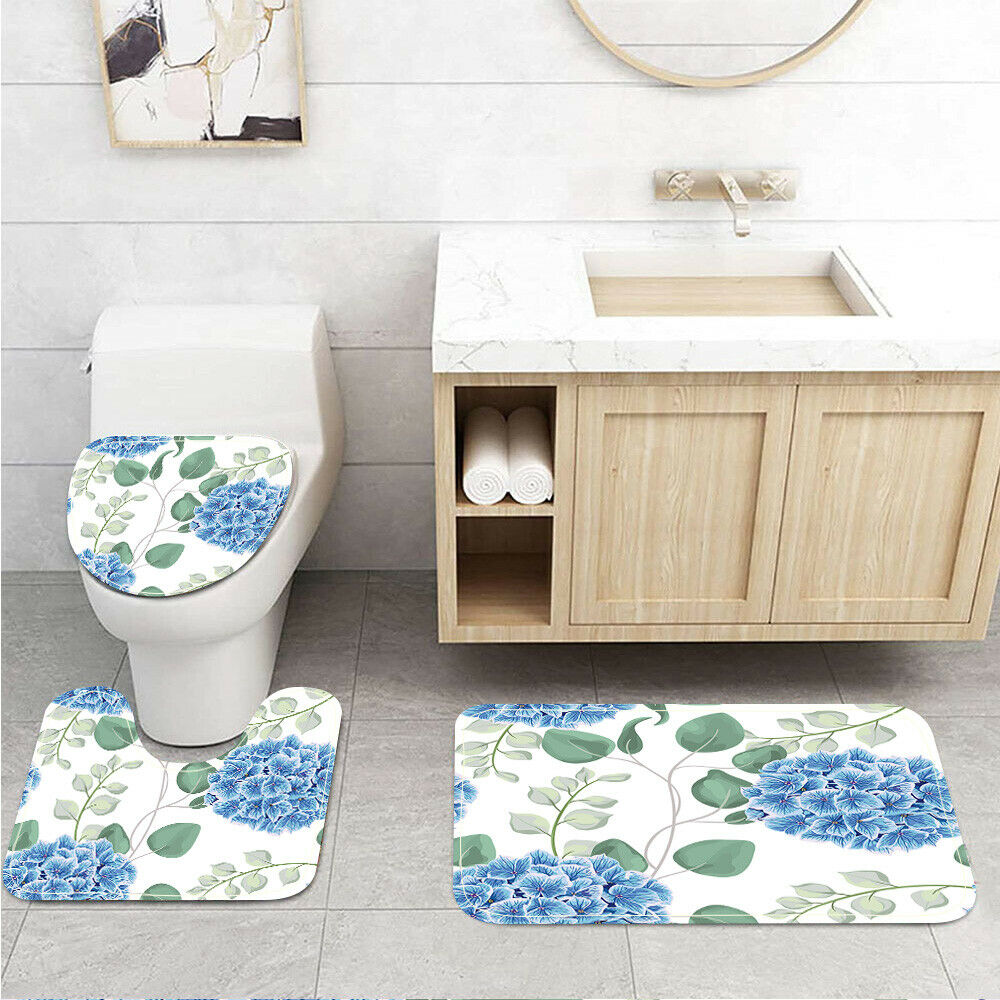 Blue Flower Clusters and Plant Leaves Toilet Cover Rug Mat Contour Rug Set 3pcs